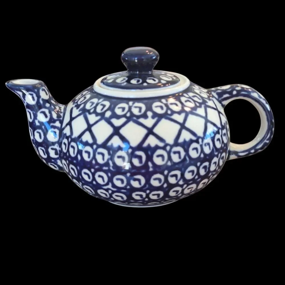 Polish Pottery Authentic Bolesławiec Teapot Hand Made 16 Oz 1 Pint BLUE 2 cups